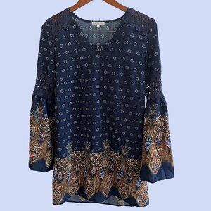 Charlotte Russe Swing‎ Dress Womens S Navy Crochet Paisly Print Bell Sleeves